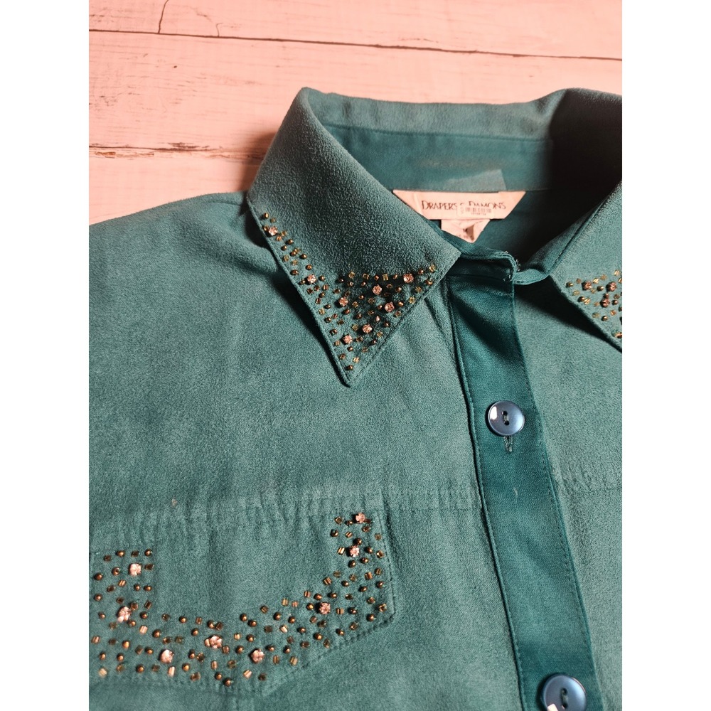 Drapers & Damons Teal Faux Suede Beaded Button Down Shirt D11003 Green Medium